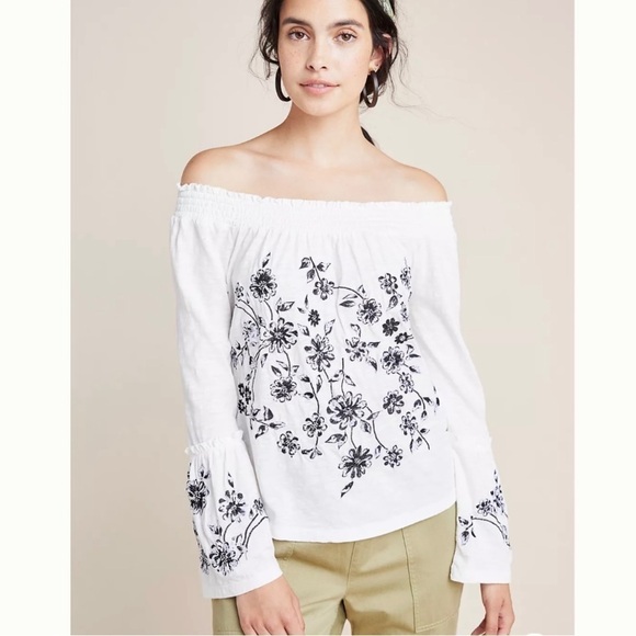 Anthropologie Annie Embroidered Off-The-Shoulder Blouse Floral Long Sleeve Top - Picture 1 of 9